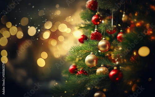 A decorated Christmas tree with red and gold ornaments, with a bokeh background of twinkling lights.