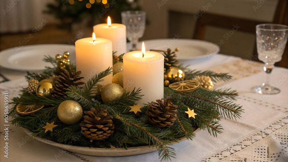 Festive candles and greenery centerpiece for New Year's table Festive candles and greenery centerpiece for New Year's table
