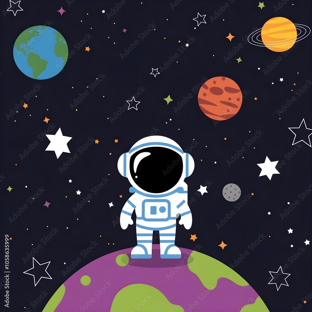 Naklejka premium Simple space cartoon illustration and astronaut.