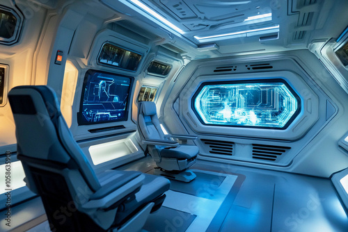 Futuristic spacecraft interior with advanced control panels