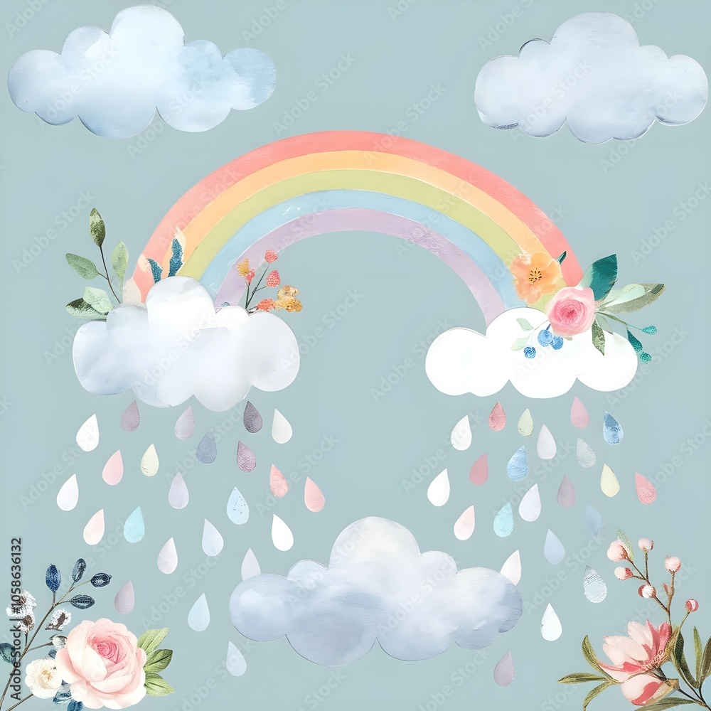Obraz premium The light blue sky with soft, A vibrant pastel-colored rainbow arches gracefully across the sky,
