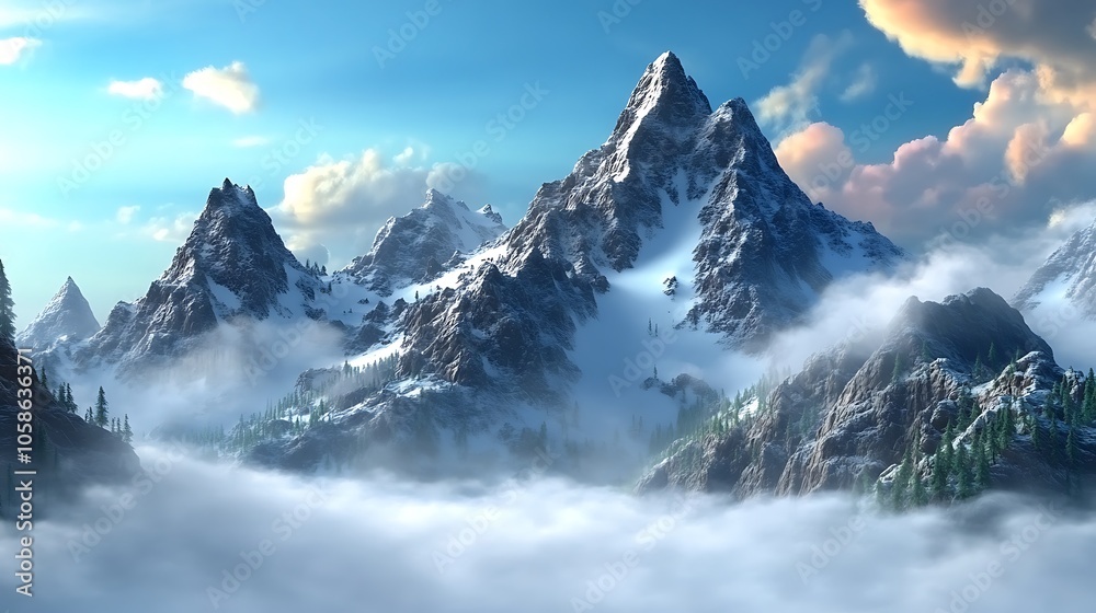Snowy Mountain Peaks Emerging From Mist Snowy Mountain Peaks Emerging From Mist
