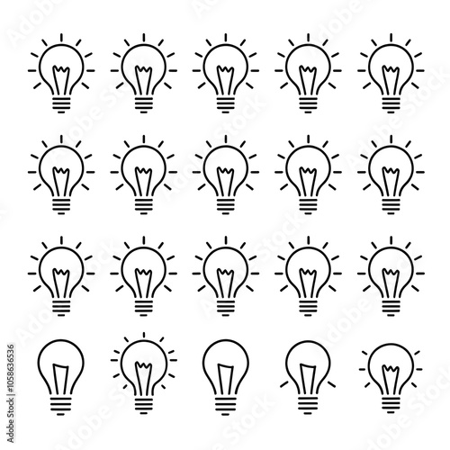 set of different types of light bulbs. There is a traditional light bulb, a fluorescent light bulb, Creative idea bulb flat line icon silhouette