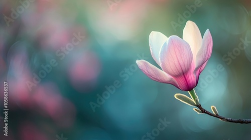 Macro image of a flowering magnolia tree, capturing a single blossom in the foreground while emphasizing the delicate petals and vibrant colors. Perfect for design with copy space.