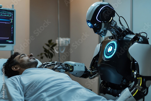 Robot assists patient in a modern hospital room during recovery photo