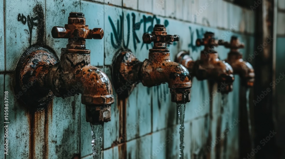 Rusty Water Taps in a Public Washroom Rusty Water Taps in a Public Washroom