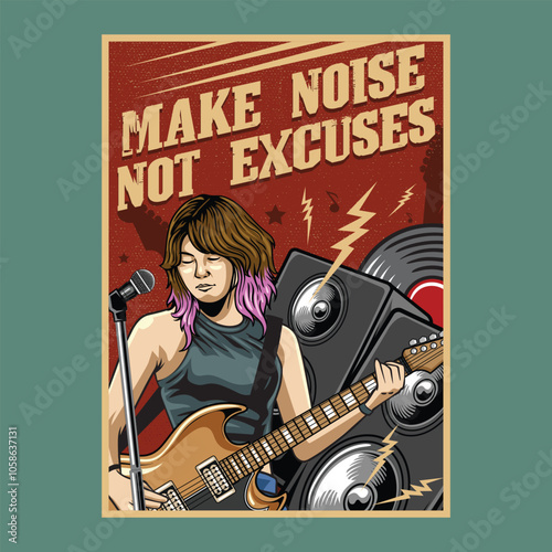 Vintage Punk Rock Music Night party festival concert poster flyer with woman playing electric guitar, vinyl, radio, and speaker in vector illustration style