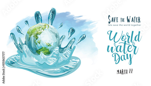 Hand drawn the world water day earth is water tank with wording “ Design for save the world , save water ,no plastic bag campaign ,Reduce water waste and all graphic used ,on white background color 2