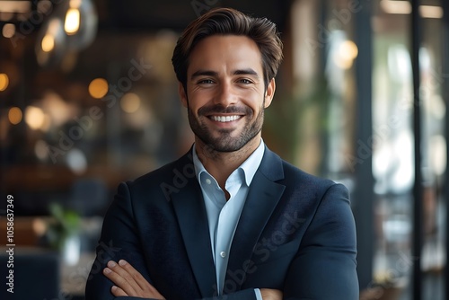 Confident Businessman in Navy Suit with Arms Crossed