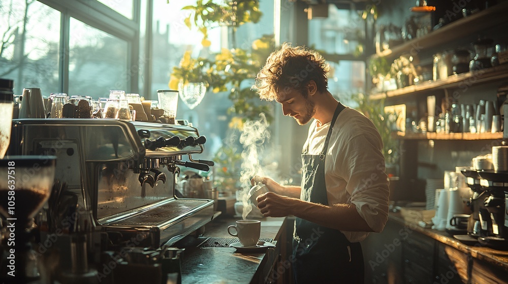 Man Making Coffee in a Modern Café, Barista Preparing Espresso or Latte for Customers, Coffee Shop Interior Man Making Coffee in a Modern Café, Barista Preparing Espresso or Latte for Customers, Coffee Shop Interior