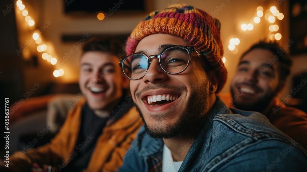Three young men laughing together at home. Three young men laughing together at home.