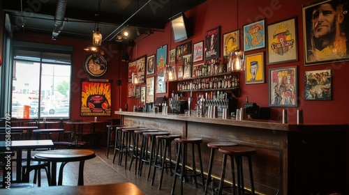 Modern bar with industrial lamps and pop culture posters on the walls, a unique setup with high bar stools and a welcoming ambiance