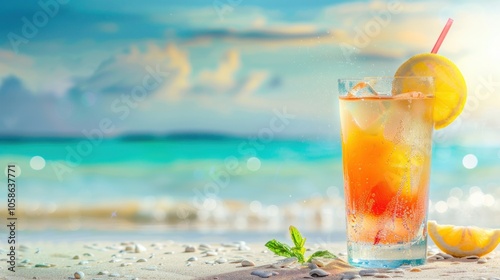 Cool summer drink on the beach, AI generated image