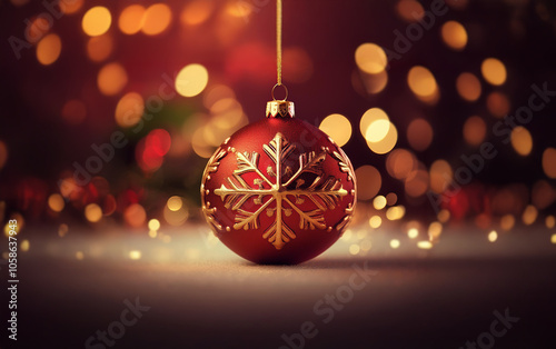 A red Christmas ornament with a gold snowflake design hangs in front of a blurred background of twinkling lights.