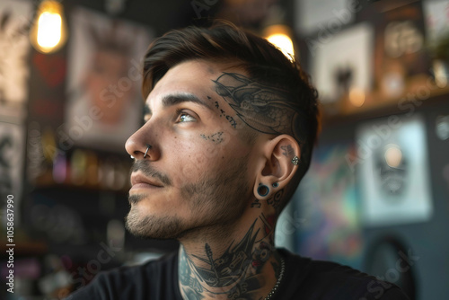 Generative AI Portrait of stylish hipster Tattoo Artist in Tattoo Studio Setting