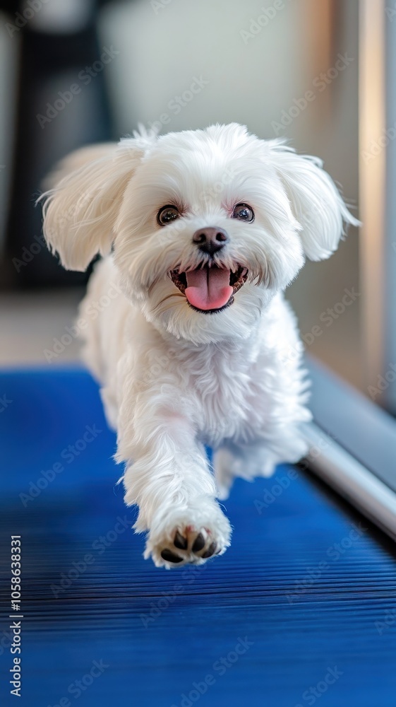 Portrait of Cheerful White Maltese dog running on a treadmill in living room,Healthy,playful and happy moment,Pet friendly concept. Portrait of Cheerful White Maltese dog running on a treadmill in living room,Healthy,playful and happy moment,Pet friendly concept.