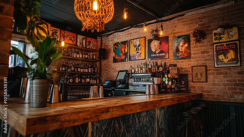 Stylish bar with retro posters and hanging lamps, an elegant setting featuring exposed brick walls, warm lighting, and a polished bar counter Stylish bar with retro posters and hanging lamps, an elegant setting featuring exposed brick walls, warm lighting, and a polished bar counter