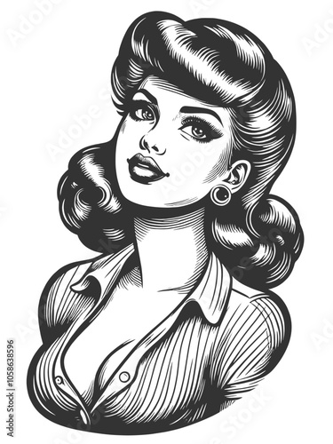 pin-up woman with stylized hair and confident expression, in classic retro engraving style sketch engraving generative ai vector illustration. Scratch board imitation. Black and white image.