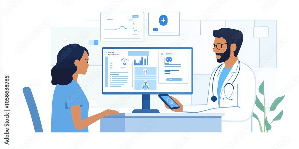 Healthcare professional utilizing a smart assistant device to retrieve patient information and research medical literature during a consultation Healthcare professional utilizing a smart assistant device to retrieve patient information and research medical literature during a consultation