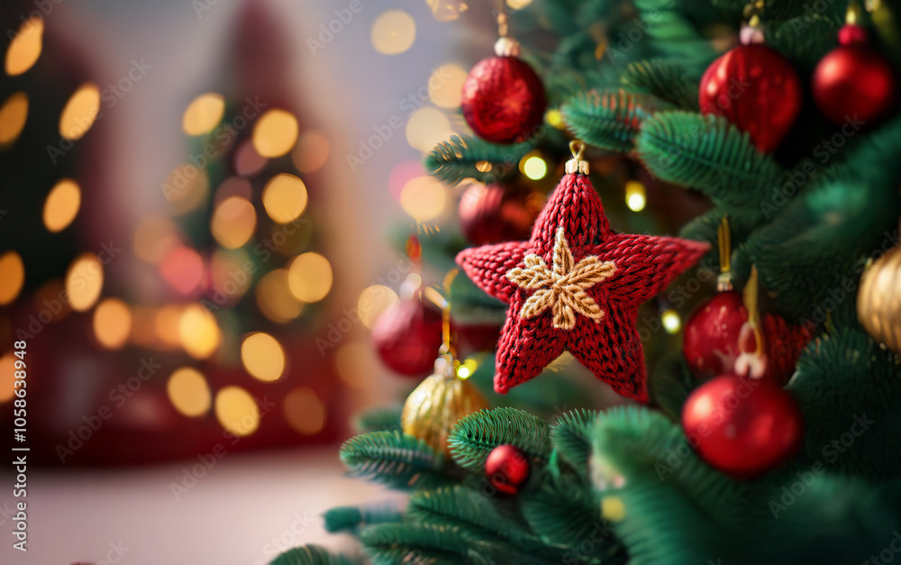 A close-up of a decorated Christmas tree with red and gold ornaments and a knitted star. A close-up of a decorated Christmas tree with red and gold ornaments and a knitted star.