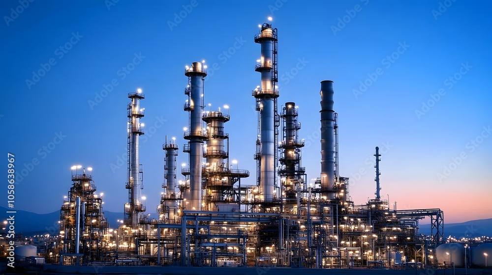 A large industrial plant with many tall towers and a blue sky in the background. The sky is clear and the sun is setting A large industrial plant with many tall towers and a blue sky in the background. The sky is clear and the sun is setting