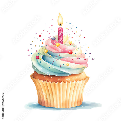 watercolor birthday cupcake on a isolated background, candles, rainbow color, Party Clipart, Graphics, PNG Transparent Background photo