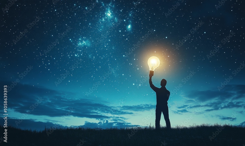 Silhouette of person holding light bulb under starry night sky.