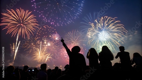 Celebration crowd watching New Year fireworks in sky