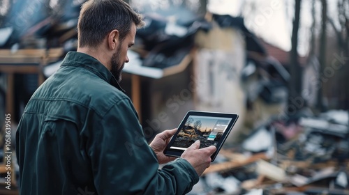 Insurance adjuster using a tablet equipped with ai tools to assess damage and process claims during on-site inspections