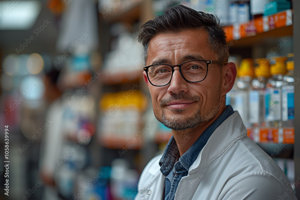 Fototapeta premium Generative AI Image of Pharmacist at Work in a Pharmacy, medication sphere, meds prescription