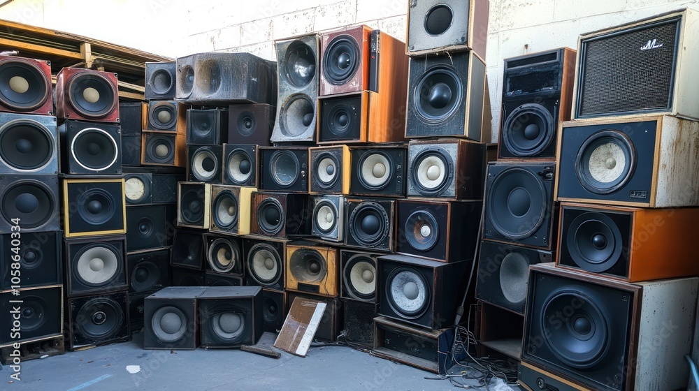 Obraz premium A wall of vintage speakers in a warehouse setting. (1)