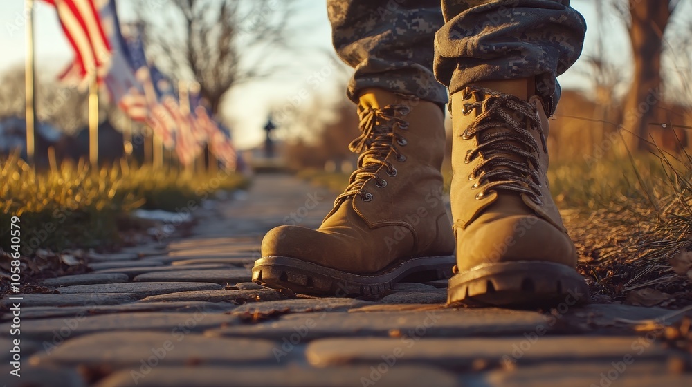 Honoring Veterans - Close-up of Veteran's Boots on Flag-Lined Pathway with Soft Evening Light