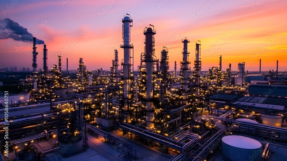 A city skyline with a large industrial area with many tall buildings. The sky is orange and the sun is setting A city skyline with a large industrial area with many tall buildings. The sky is orange and the sun is setting