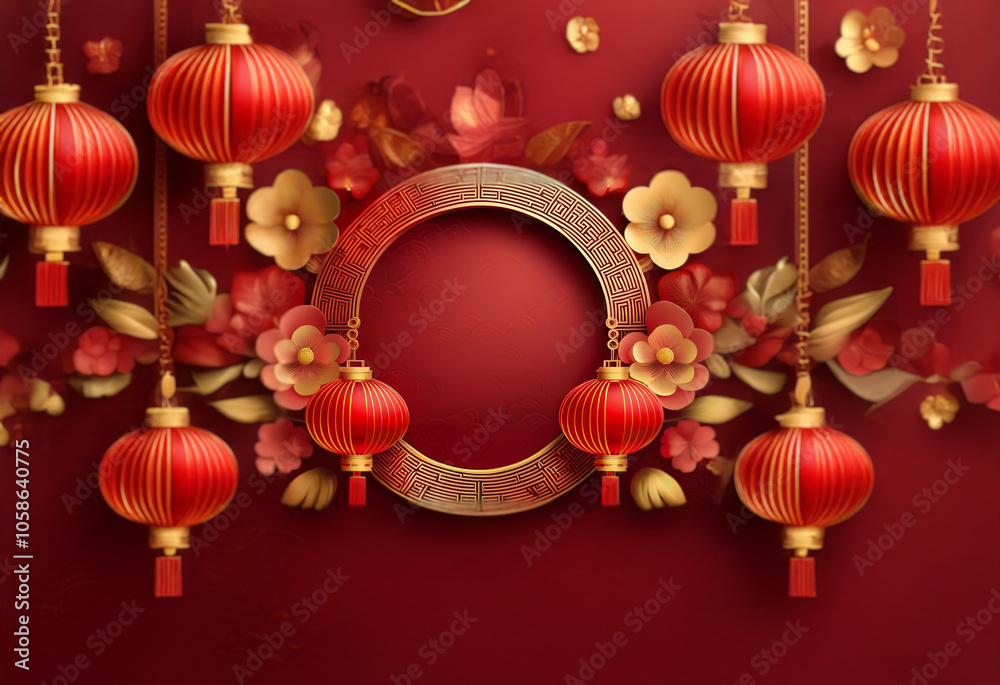 Red lanterns hang from gold chains against a red background with paper flowers and a gold circular frame. Red lanterns hang from gold chains against a red background with paper flowers and a gold circular frame.