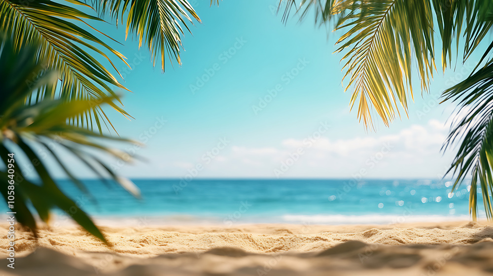 Tropical beach view with palm leaves framing a serene ocean landscape. Tropical beach view with palm leaves framing a serene ocean landscape.