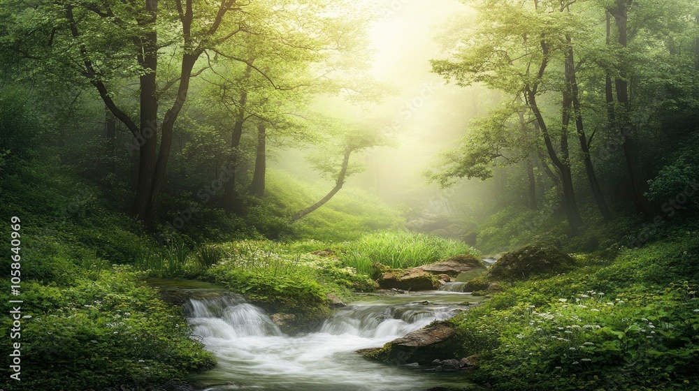 Obraz premium Magical Forest Stream with Sunlight and Mist