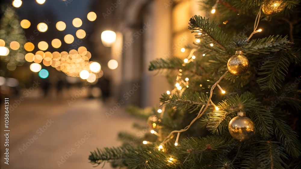 Outdoor Christmas tree with festive lights on New Year's Eve Outdoor Christmas tree with festive lights on New Year's Eve