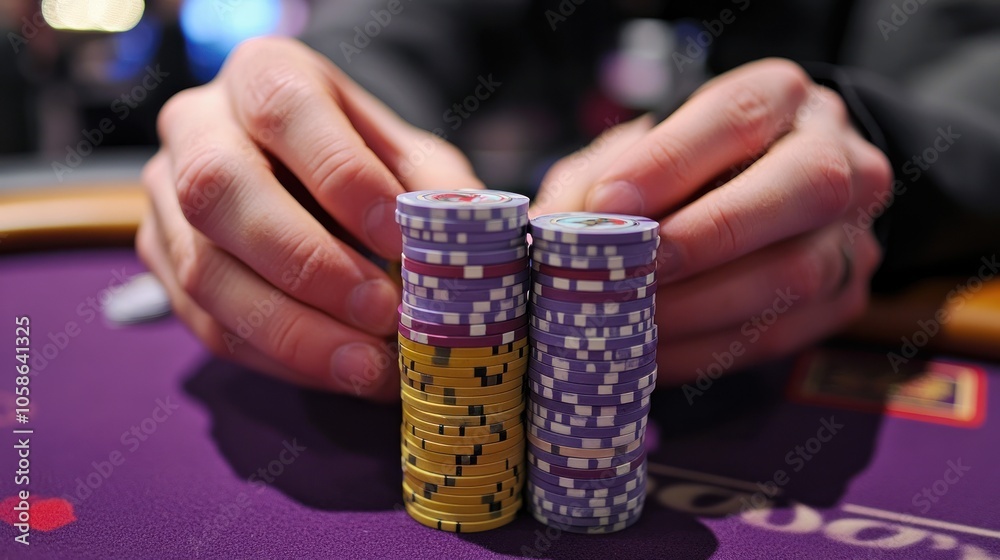 Close-up of a poker player's hands holding stacks of chips. Close-up of a poker player's hands holding stacks of chips.