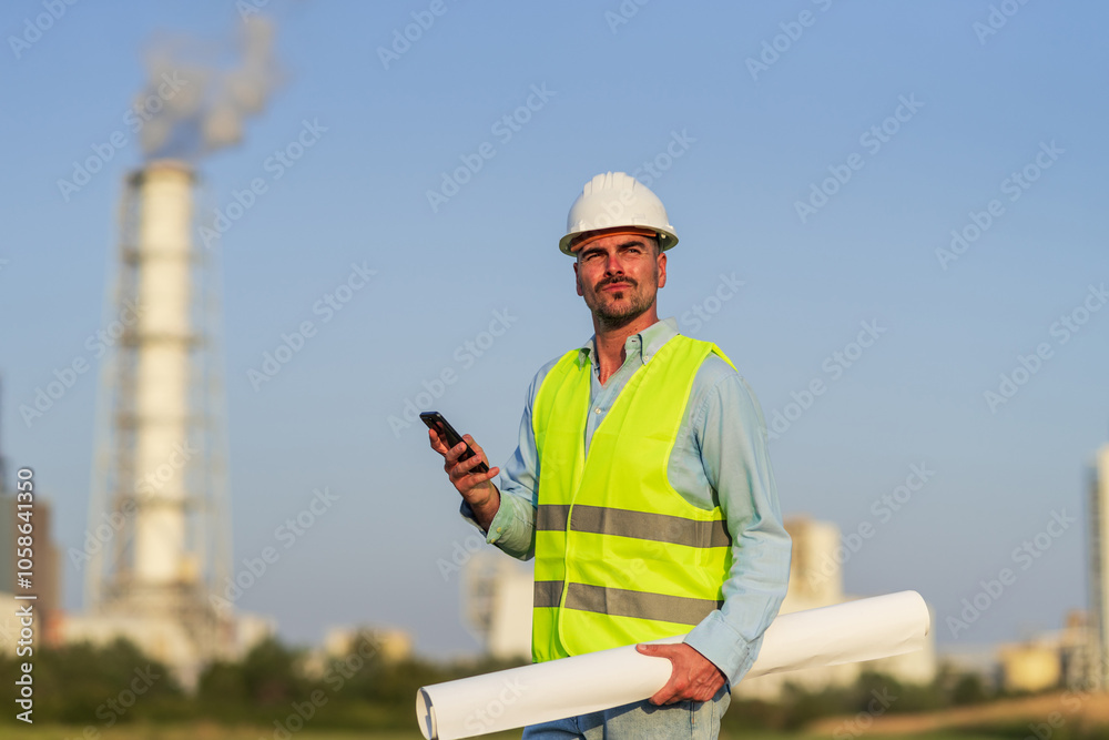 Engineer holding blueprints using smartphone in industrial area Engineer holding blueprints using smartphone in industrial area