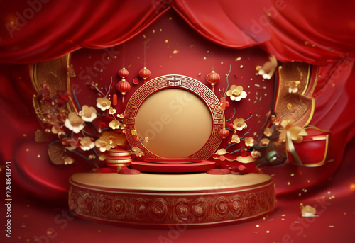 A red background with a golden pedestal in the center and red and gold decorations scattered around it.