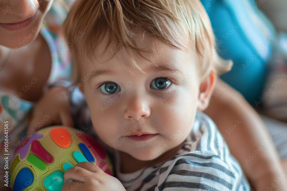 Generative AI Image of Adorable Baby in Daycare Setting Engaging with Colorful Toys and Nanny at Home