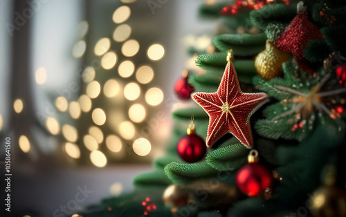 A close-up of a decorated Christmas tree with red and gold ornaments.