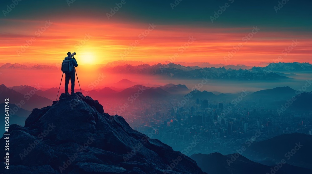 Hiker on peak with telescope. Hiker on peak with telescope.