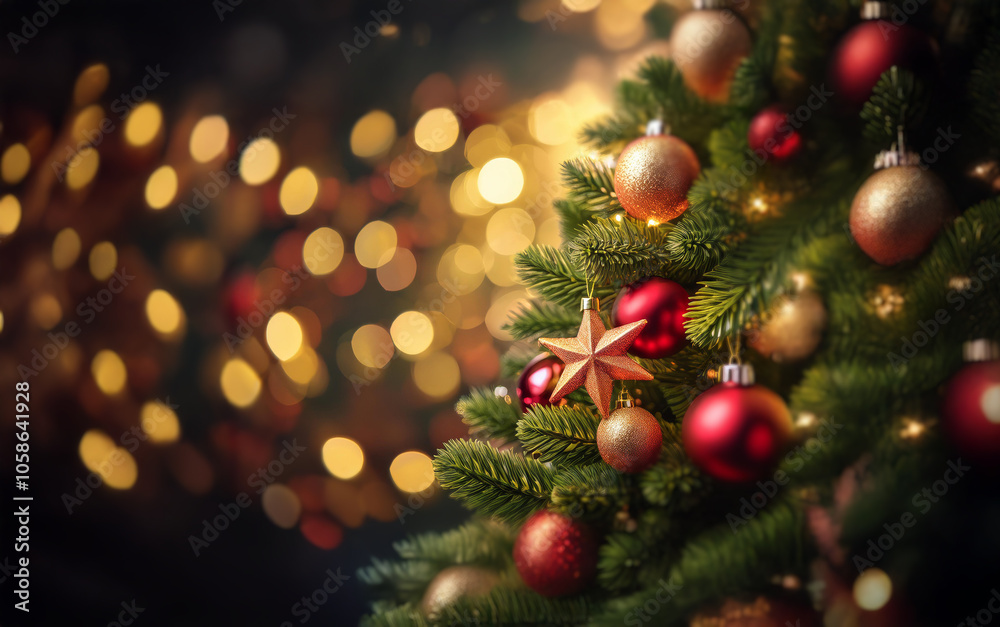 A decorated Christmas tree with red and gold ornaments and a star on top, against a backdrop of warm, blurred lights. A decorated Christmas tree with red and gold ornaments and a star on top, against a backdrop of warm, blurred lights.