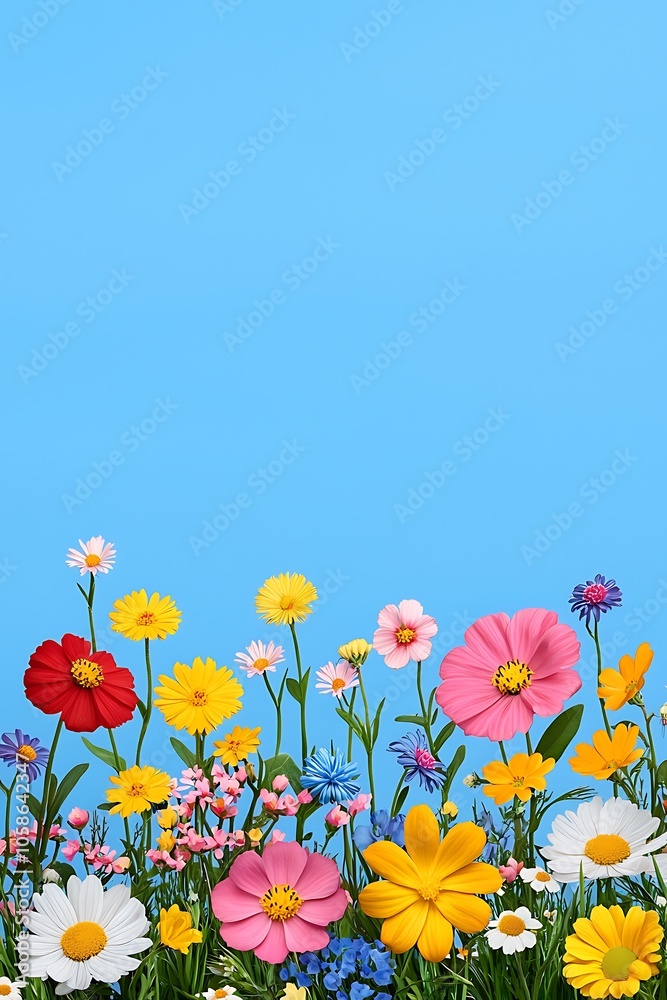 Colorful Daisies Blooming Against A Clear Blue Sky Colorful Daisies Blooming Against A Clear Blue Sky