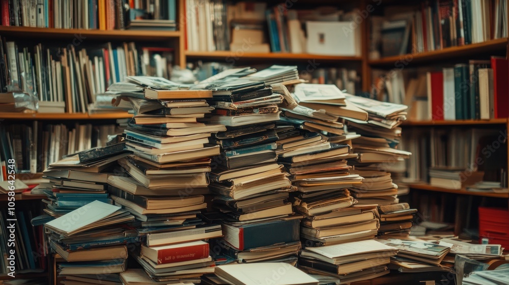 A large pile of books sits in front of a bookshelf in a library. A large pile of books sits in front of a bookshelf in a library.