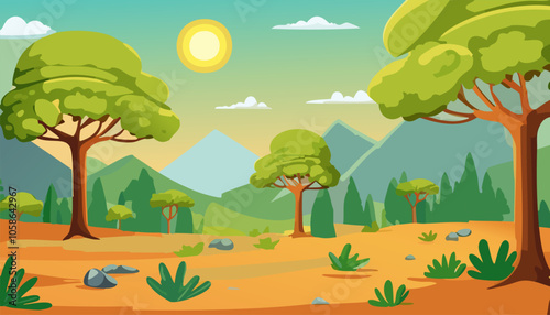 Nature background with trees and mountains. Vector illustration in cartoon style