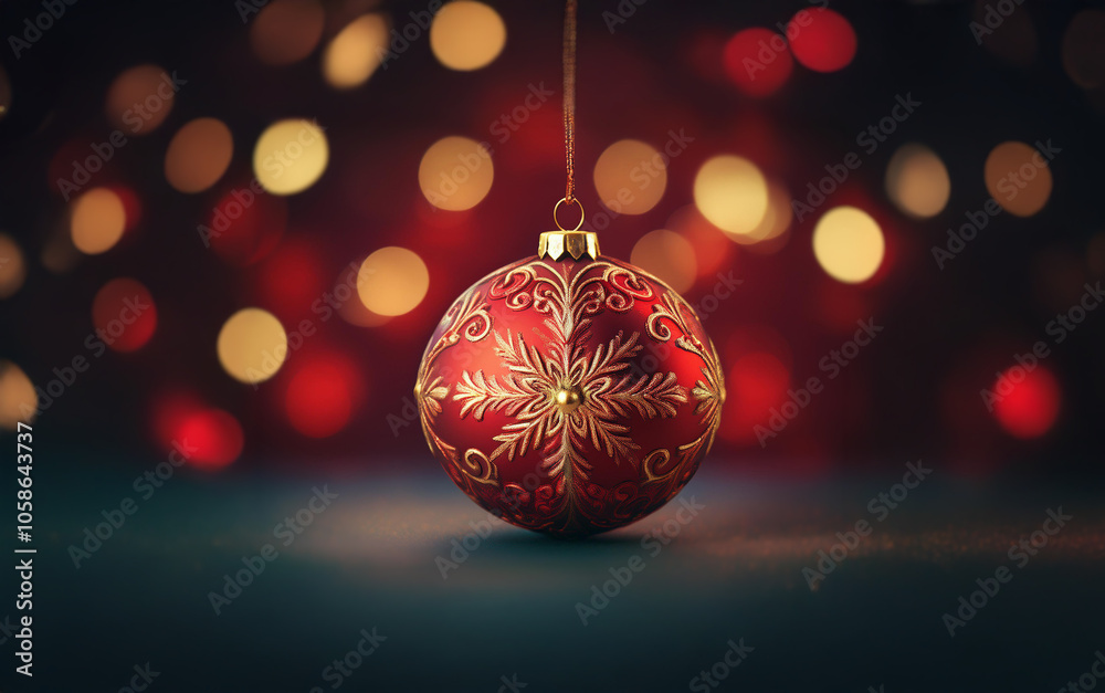 A single red Christmas ornament with a gold snowflake design hangs from a gold string against a dark background with a bokeh effect of red and yellow lights. A single red Christmas ornament with a gold snowflake design hangs from a gold string against a dark background with a bokeh effect of red and yellow lights.