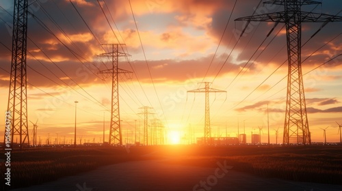 A beautiful sunset silhouettes power lines against a colorful sky, highlighting the interplay of nature and human infrastructure.