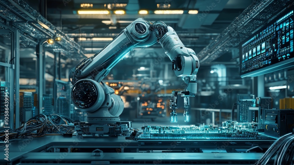 Ai-powered robotic arm assembling electronic components in a high-tech manufacturing facility illustrating the future of automation Ai-powered robotic arm assembling electronic components in a high-tech manufacturing facility illustrating the future of automation